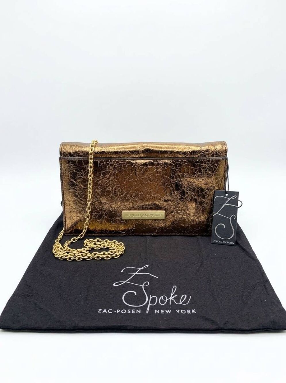 🩵NWT Zac Posen Metallic Bronze Crackle Leather Shirley Clutch Shoulder Purse